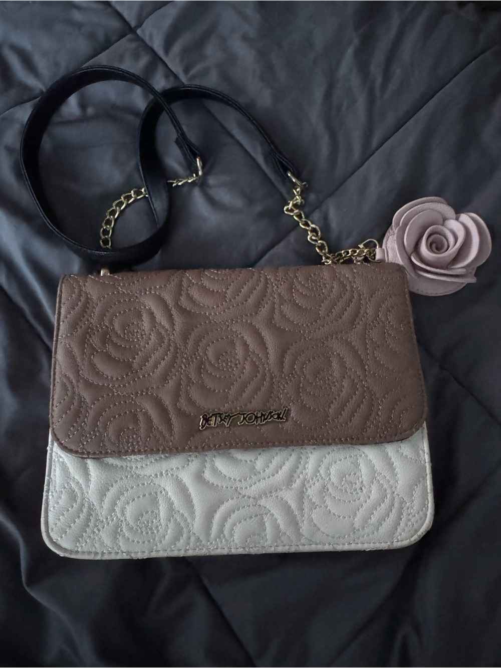 Betsey Johnson Taupe and Cream Quilted Rose Crossbody with Rose Charm Accent